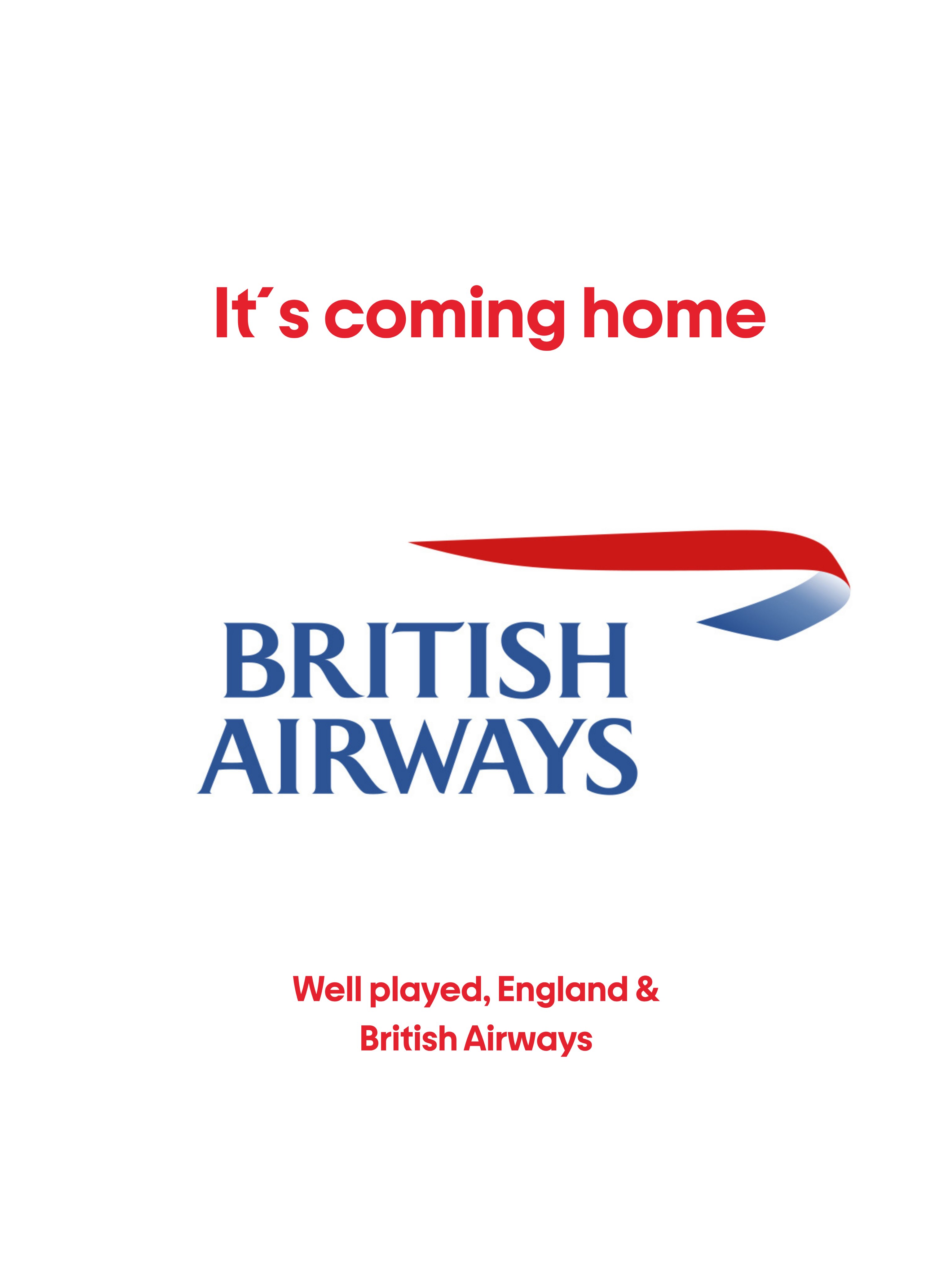 挪威航空賽後認栽貼文：It's coming home / BRITISH AIRWAYS / Well played, England & British Airways